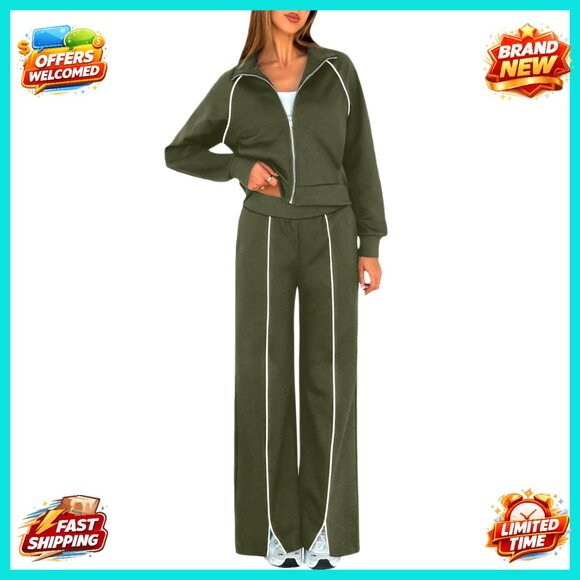 Full Zip Jacket & Wide Leg Pants Lounge Set Breathable Fabric Travel Outfit